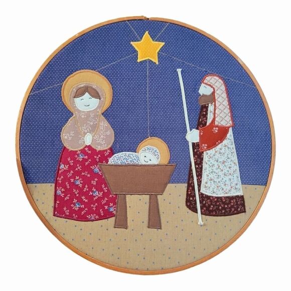 Vintage Nativity Scene Jesus Mary Joseph Christmas Quilted Embroidery Hoop - Picture 1 of 5